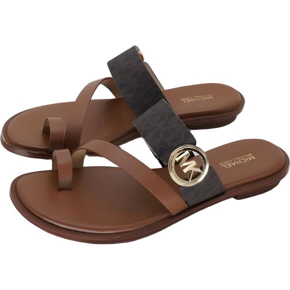 Michael Kors Vera Toe-Ring Slide Sandals Brown Logo Hardware US 8.5M - Picture 2 of 6